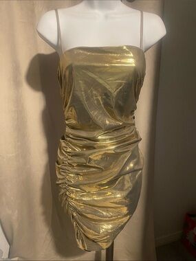 Gold Metallic Ruched Spaghetti-Strap Dress